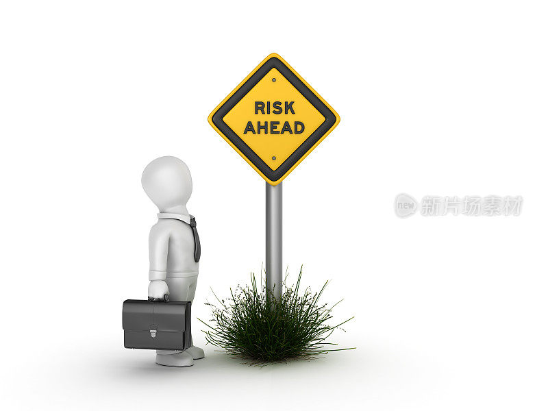 RISK AHEAD Road Sign with Business Character - 3D渲染
